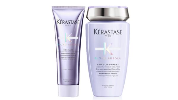 Kérastase Set (Blond Absolu Bain Ultra-Violet Σαμπουάν Κατά Των Ανεπιθύμητων Τόνων 250ml, Kérastase Blond Absolu Cicaflash Conditioner με Υαλουρονικό Οξύ για Βαμμένα Ξανθά Μαλλιά 250ml)