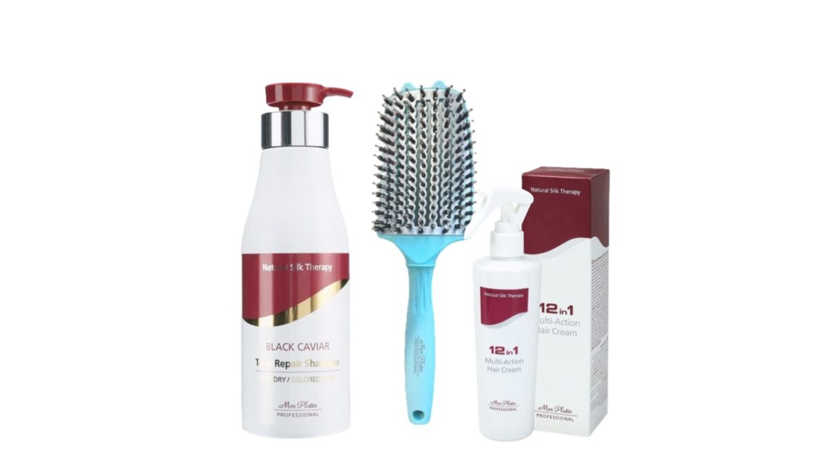 Mon Platin Set ( Total Repair Shampoo For Dry/Colored Hair 500ml, Mon Platin Black Caviar Cream 12in1 250ml, Mon Platin Hair Brush Blue)