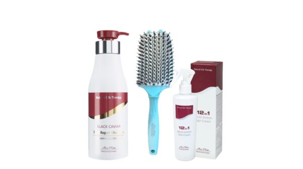Mon Platin Set ( Total Repair Shampoo For Dry/Colored Hair 500ml, Mon Platin Black Caviar Cream 12in1 250ml, Mon Platin Hair Brush Blue)