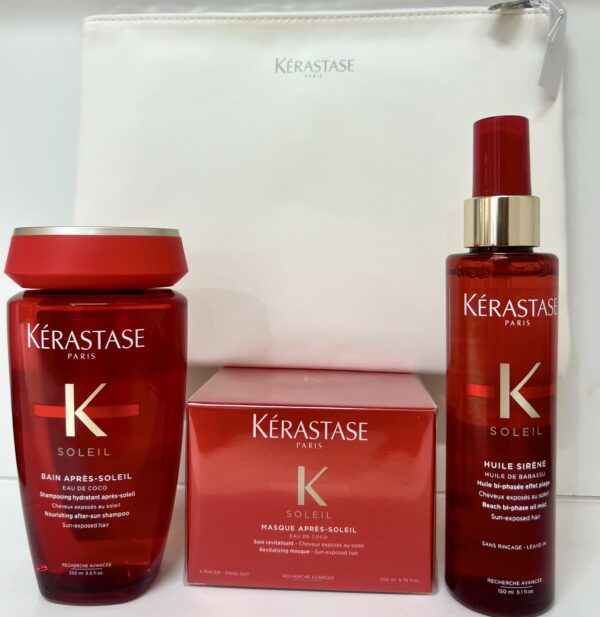 Kérastase Soleil Set ( Kérastase Soleil Bain Après-Soleil Αντηλιακό Σαμπουάν 250ml, Kérastase Soleil Huile Sirene Αντηλιακό Έλαιο Σε Μορφή Σπρέι 150 ml, Kérastase Soleil Masque Après-Soleil για Μετά τον Ήλιο 200ml, Δώρο νεσεσέρ)